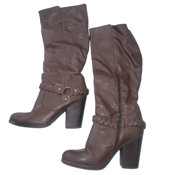MADELINE STUART Brown Knee High Heel Boots Braided Strap Details 8M fall boho - Picture 1 of 8